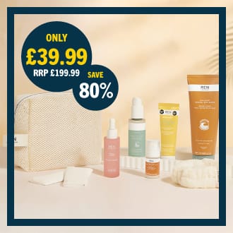 REN Clean Skincare gift set with full-size and travel-size skincare products, including cleanser, toner and moisturiser, with beige wash bag – £39.99 Home Bargains.