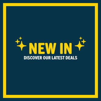 New in deals promotion banner with dark blue background and yellow border, highlighting latest offers and discounts.