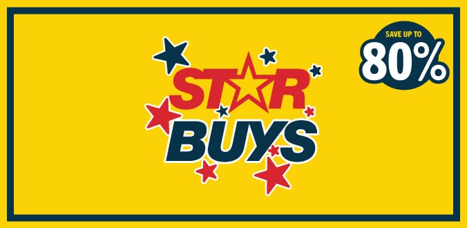 Star Buys promotion banner with bright yellow background, highlighting save up to 80% on selected products and special offers.