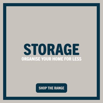 Home Bargains storage solutions tile with text ‘Storage – Organise your home for less’, promoting affordable home storage products.