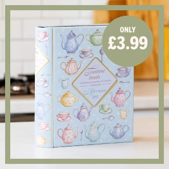 Mother’s Day tea tin gift featuring vintage teapot illustrations, priced at £3.99