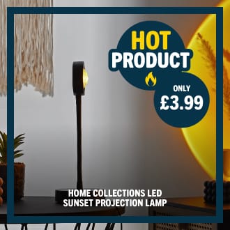 Home Collections LED sunset projection lamp casting warm orange light, hot product web banner showing only £3.99 price offer