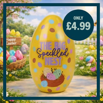 Easter speckled egg tin with “The Big Speckled Nest” design, colourful spring garden scene, seasonal Easter chocolate filled tin priced at £3.99