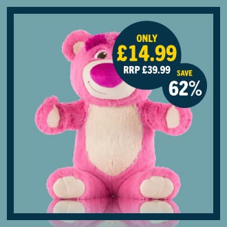 Lotso bear plush toy on sale for £14.99, discounted from £39.99 with 62% savings, displayed against a blue background with promotional text overlay