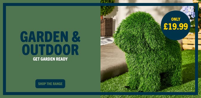 Home Bargains Garden Range – Get Garden Ready promotional banner linking to outdoor furniture, garden tools, plants, patio accessories and seasonal gardening essentials.