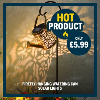 Firefly Hanging Watering Can Solar Lights web banner showing lit watering can design, “Hot Product”, only £5.99 – Home Bargains