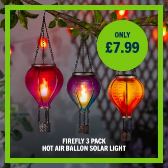 Brighten up your garden with the Firefly 3 Pack Hot Air Balloon Solar Lights! These charming lights automatically glow at dusk, creating a warm ambiance with a stunning flame effect—just let the sun do the work during the day!