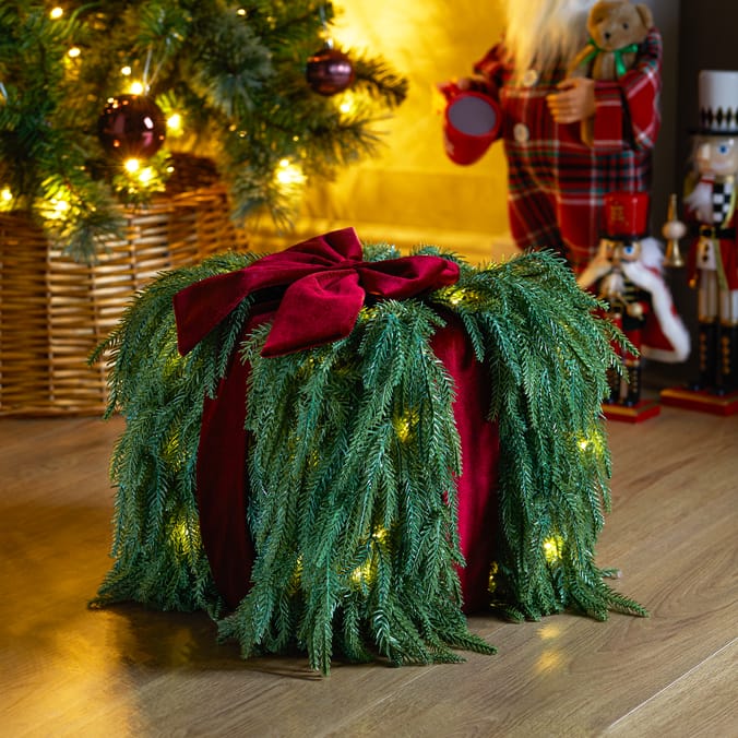Festive Feeling Light-Up Pine Bow Parcel Decoration