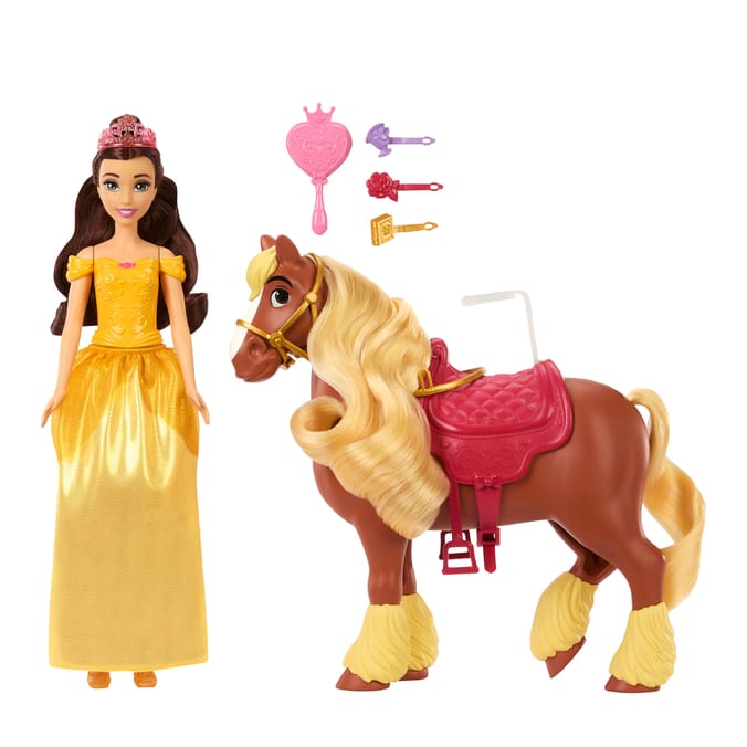 Disney Princess Belle & Philippe Fashion Doll & Horse with Brushable Mane & Tail & 4 Accessories JBG01
