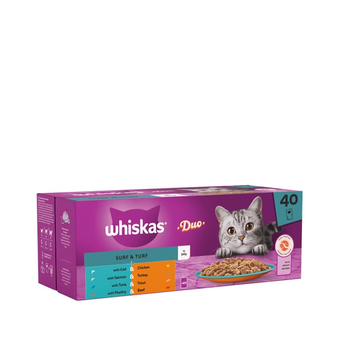 Whiskas Duo 1+ Surf & Turf In Jelly Adult Wet Cat Food Pouches 40x85g