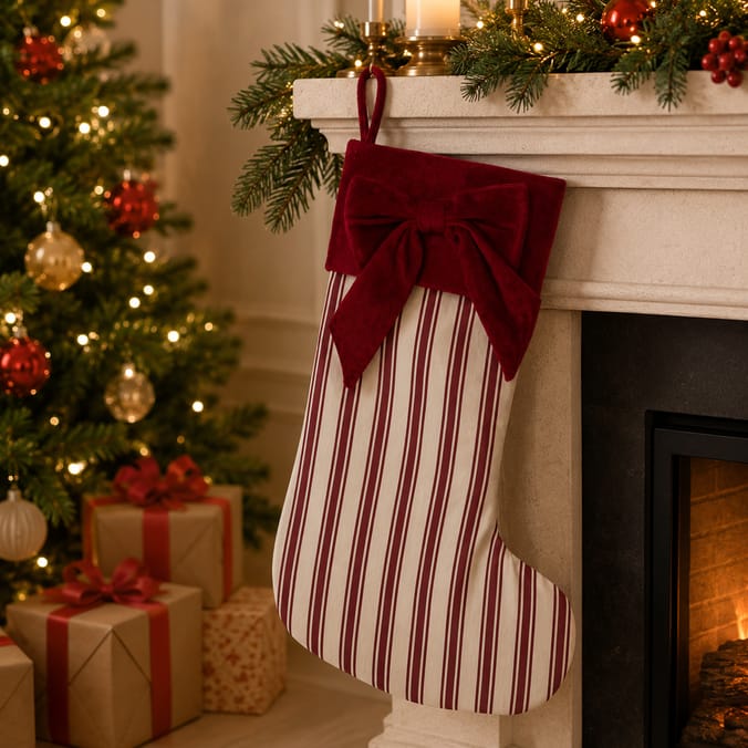 Festive Feeling Alpine Woods Faux Velvet Bow Christmas Stocking