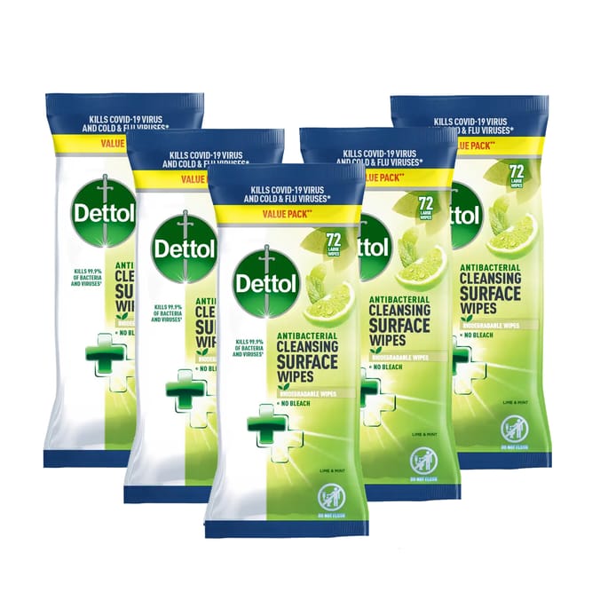 Dettol Antibacterial Large Cleansing Surface Wipes 72s - Lime & Mint x5