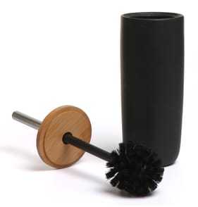 Bath Bamboo Lid Toilet Brush & Ceramic Holder - Black