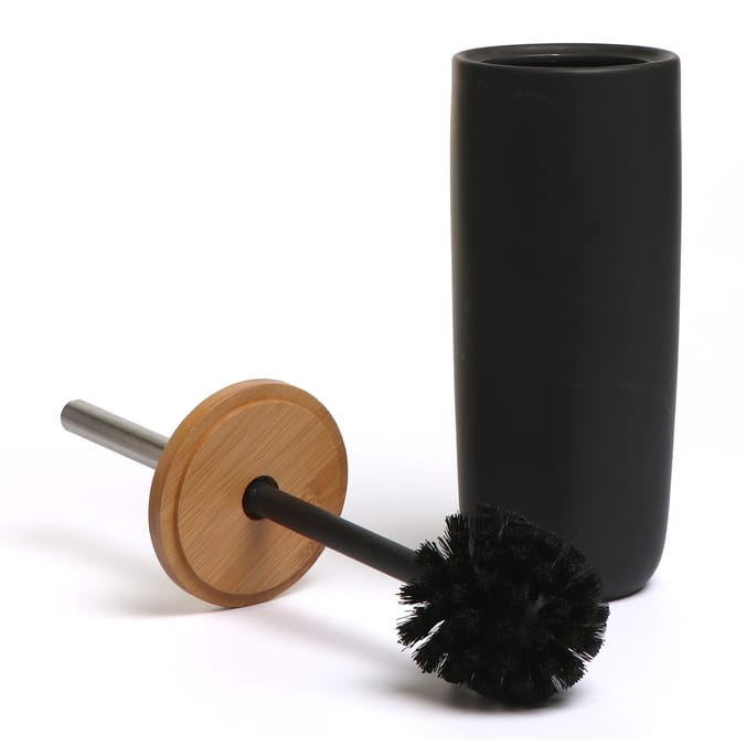 Bath Bamboo Lid Toilet Brush & Ceramic Holder