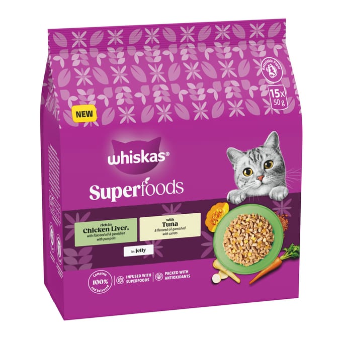 Whiskas +1 Super Foods Mixed Selection Wet Cat Food Pouches in Jelly 15 x 50g