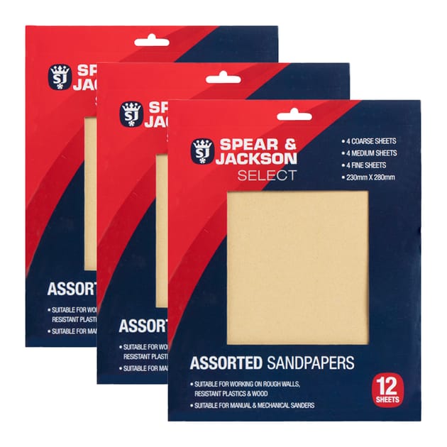 Spear & Jackson Select Assorted Sandpaper 12 Sheets x3 Home Bargains