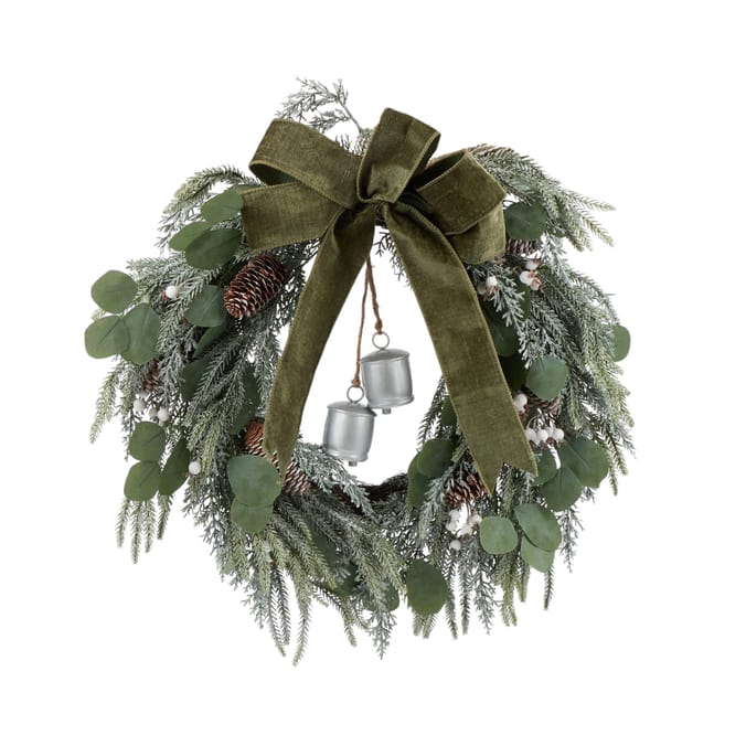 Festive Feeling Faux Pine Snowy Bells Wreath
