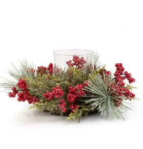 Festive Feeling Glass Hurricane In Wreath - Red