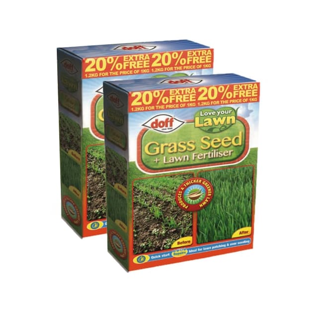 Doff Love Your Lawn Grass Seed and Fertiliser 1kg x2 Home Bargains