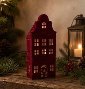 Festive Feeling Alpine Woods Christmas Flocked Light-Up House - Red