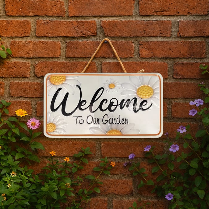 Jardin Metal Hanging Wall Sign - Welcome To Our Garden with Daisys