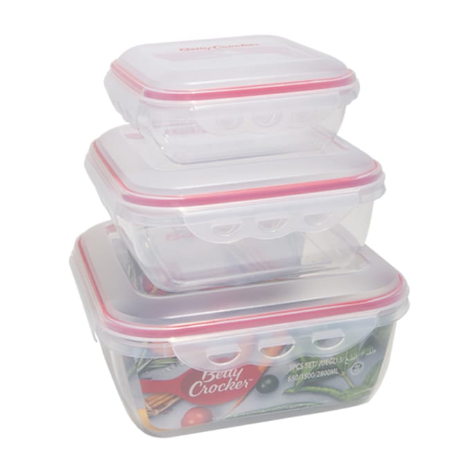 Betty Crocker 3-Piece Food Storage Container Set - Square, Transparent and Red