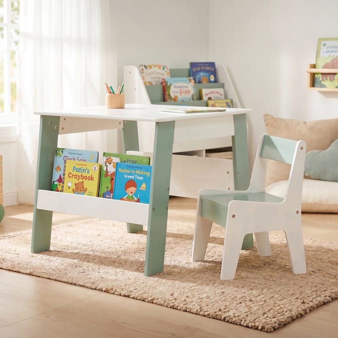 Liberty House Toys Kids Bookshelf Table And Chair - White & Forest Green