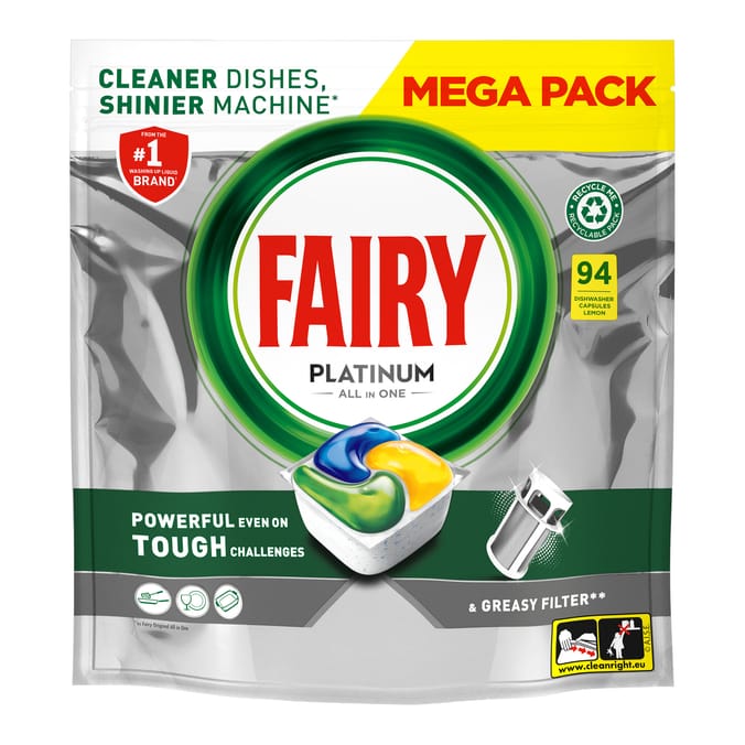 Fairy Platinum All In One Dishwasher Tablets Lemon 94 Tablets