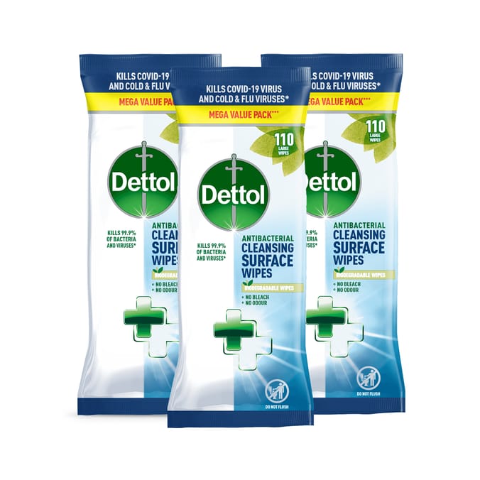 Dettol Antibacterial Large Cleansing Surface Wipes 110s x3