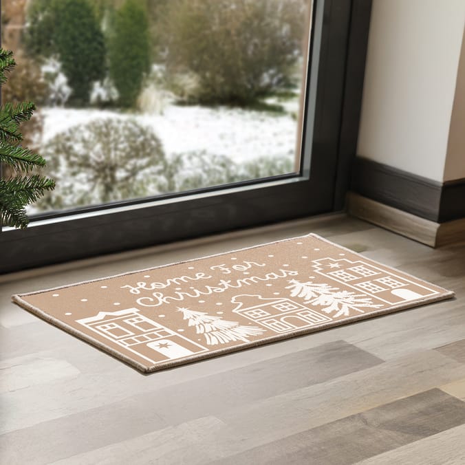 Festive Feeling Washable Door Mat - Beige Home For Christmas