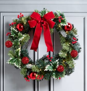 Festive Feeling 24" Indoor Decorated Pre-Lit Wreath - Red