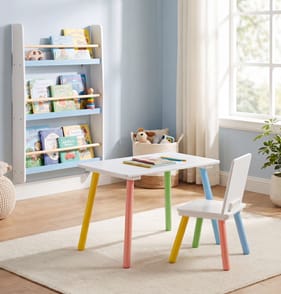 Liberty House Toys Rainbow Table and Chair & Bookshelf Set - White & Blue