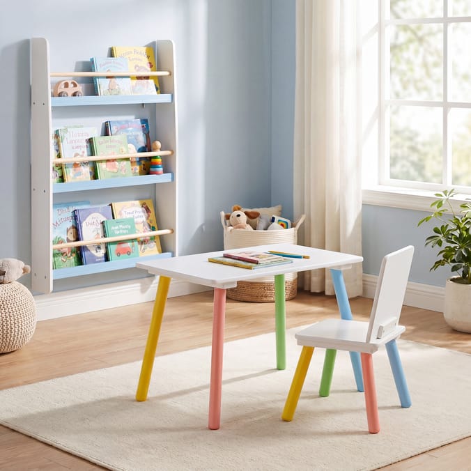 Liberty House Toys Rainbow Table and Chair & Bookshelf Set - White & Blue