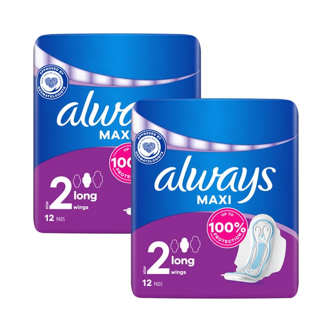 Always Maxi Long Sanitary Towel Wings 12 Pads Size 2 x2
