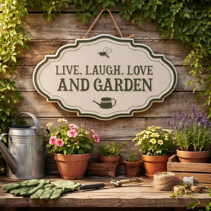 Jardin Metal Hanging Wall Sign - Live, Laugh, Love and Garden