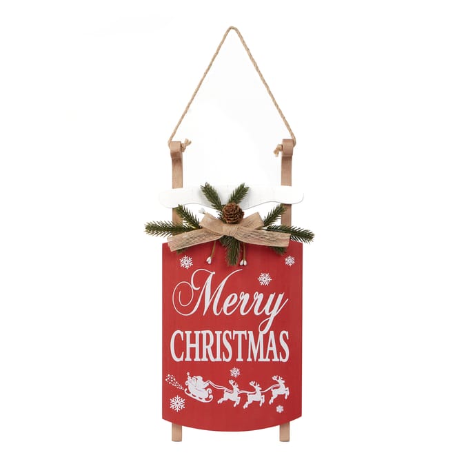 Winter Charm Wooden Sleigh Hanging Plaque - Red
