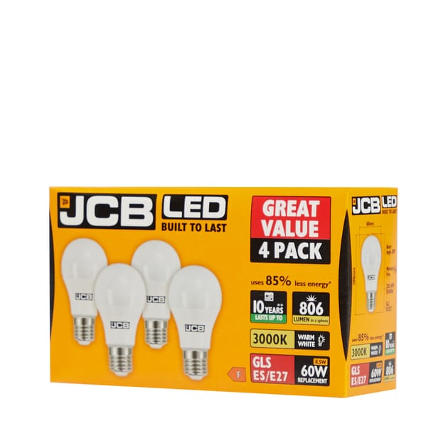 JCB GLS/ E27 LED Bulbs 4 Pack Warm White Home Bargains