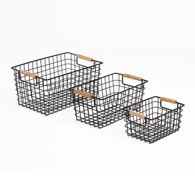 Bathroom Bamboo Handle Basket 3 Pack