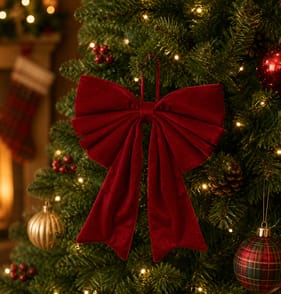 Festive Feeling Alpine Woods Velvet Hanging Christmas Bow - Red
