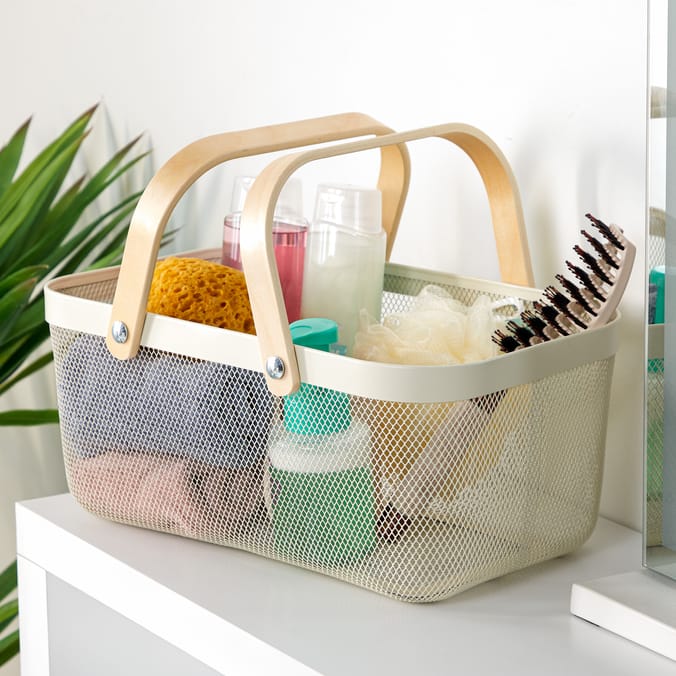 White Mesh Basket With Wooden Handle