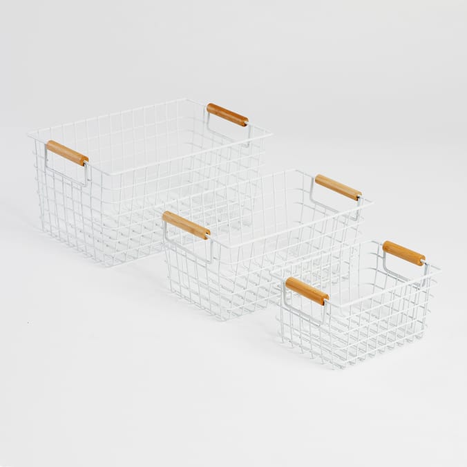 Bathroom Bamboo Handle Basket 3 Pack