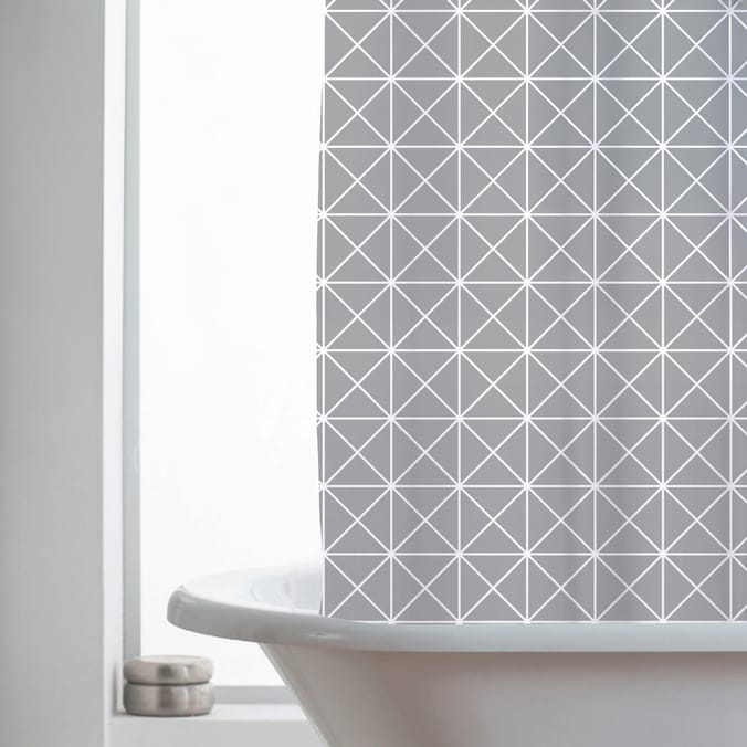 Shower Curtain With Hooks - Grey Geometric Grid