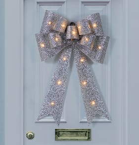 Festive Feeling Battery Operated Light-Up Christmas Bow - Silver