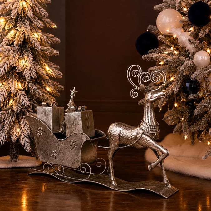 Frosted Spirit Metal Reindeer With Sleigh