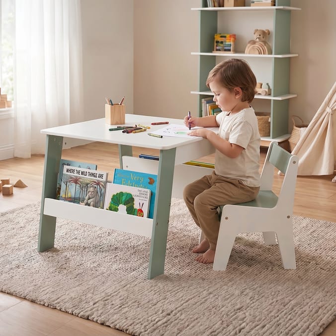 Liberty House Toys Kids Bookshelf Table And Chair - White & Forest Green