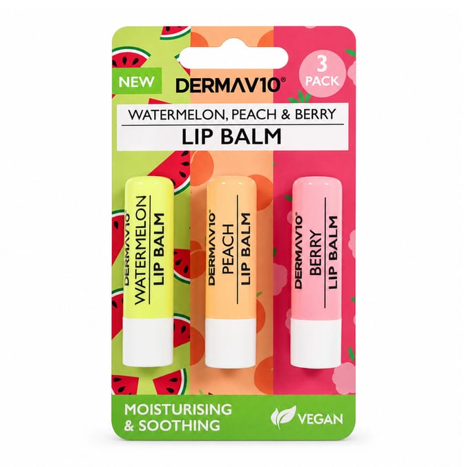DermaV10 Lip Balm 3 Pack - Watermelon, Peach & Berry