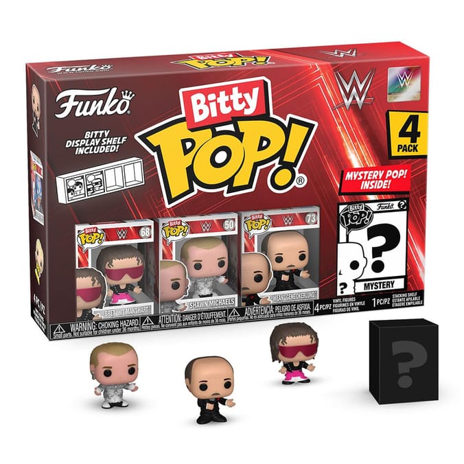 Funko Bitty Pop WWE 4pk - Bret “Hit Man” Hart, Shawn Michaels,“Mean” Gene Okerlund, and a mystery Bitty Pop! Figure