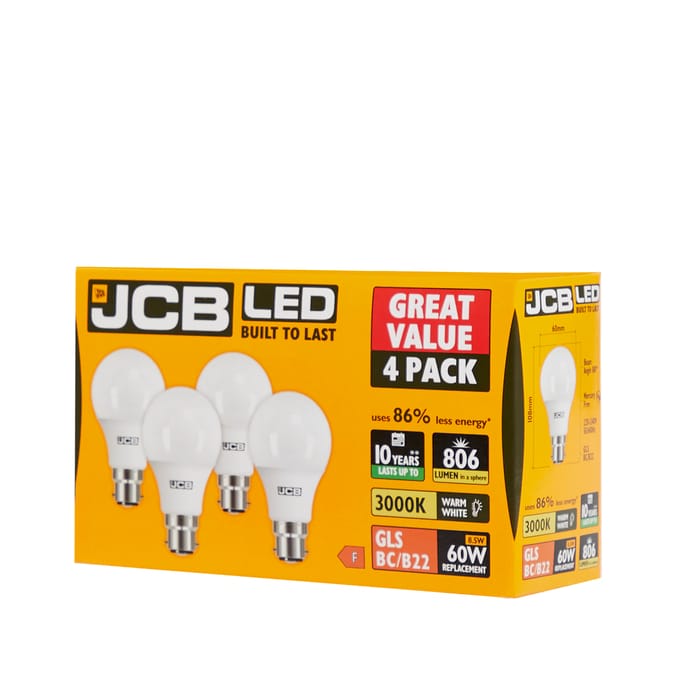 JCB LED GLS B22 Bulbs 4 Pack Warm White Home Bargains