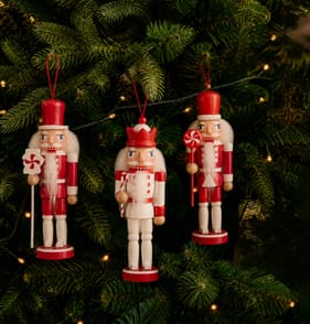Sleigh Bells Nutcracker Christmas Tree Decoration 3 Pack - Red/White