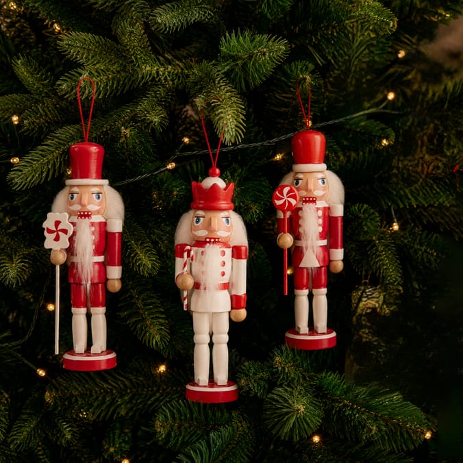 Sleigh Bells Nutcracker Christmas Tree Decoration 3 Pack - Red/White